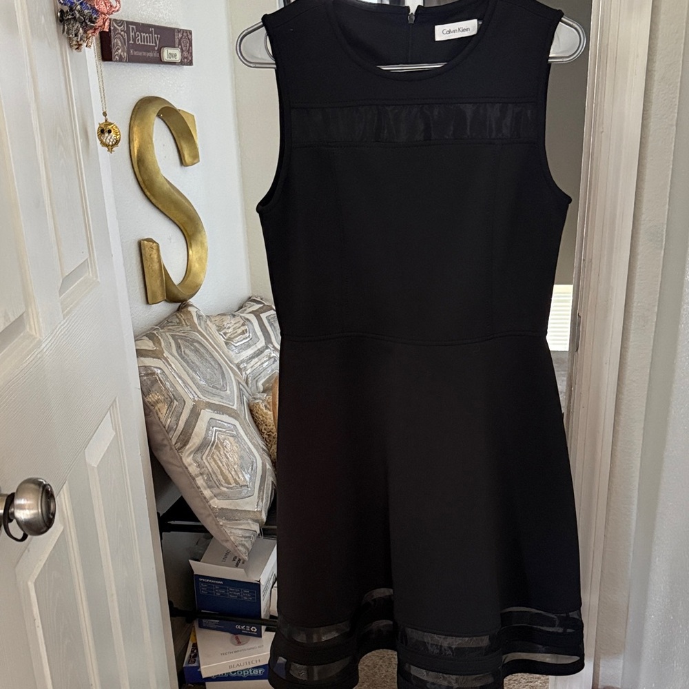 Calvin Klein Black Sleeveless Mesh-Trim Fit & Flare Mini Dress